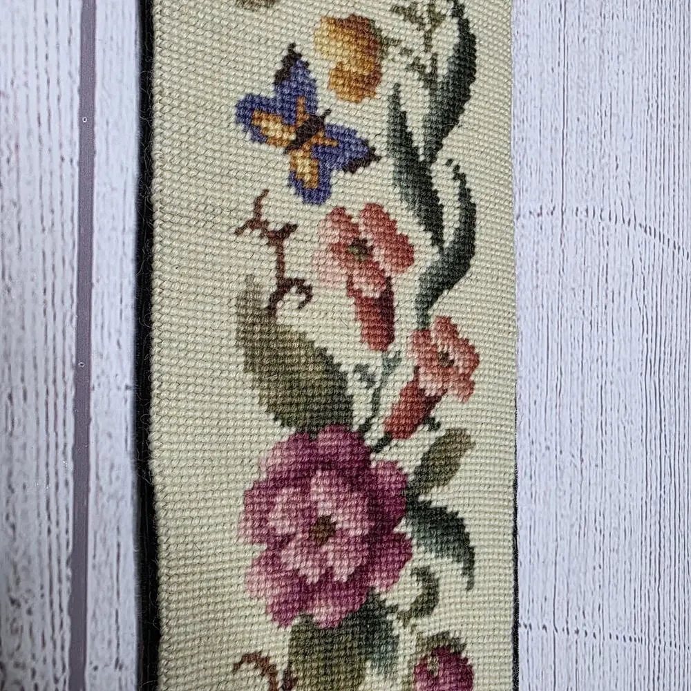 Vintage Needlepoint Bell Pull Table Runner Floral Butterfly Velvet Backed - 60